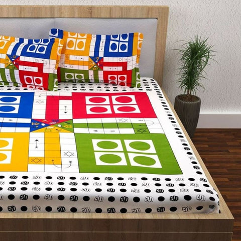 Jagmiva LUDO Game With Dice and 16 Goti Printed Cotton Double Bedsheet With  2 Pilow Cover